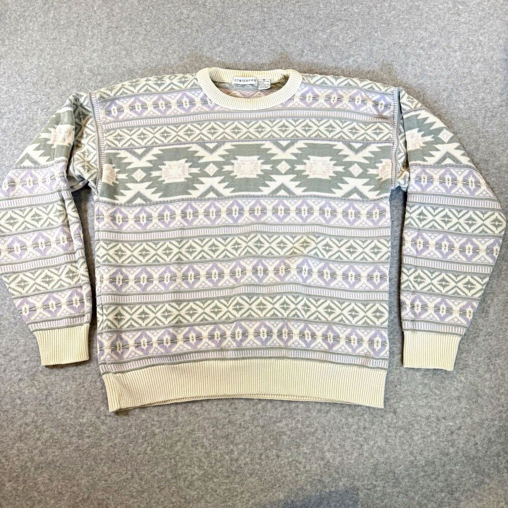 VTG 90s Sweater Claiborne Southwestern Aztec 100% Cotton M Knit Cream Green